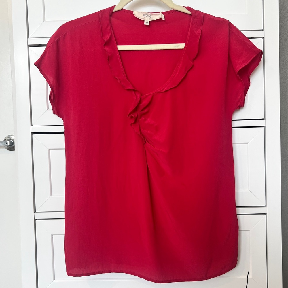 atné Vanessa Bruno Red 100% Silk Ruffle Short-Sleeve Blouse Size 38 Small